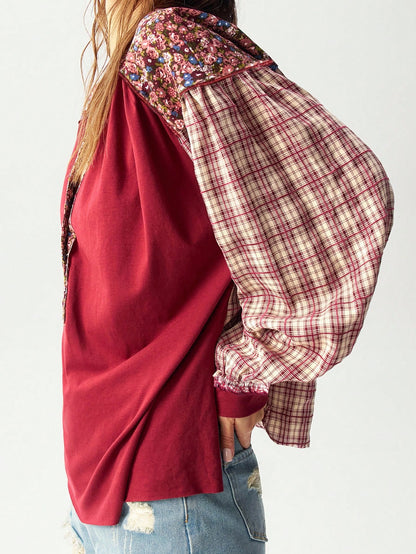 Bohemela Christmas Plus Size Vacation Casual Color Blocking Plaid & Floral Pattern Shirt,Fall Clothes For Women