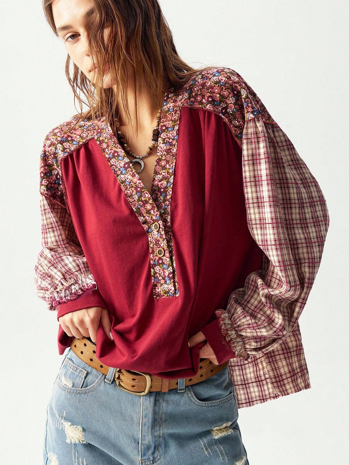 Bohemela Christmas Plus Size Vacation Casual Color Blocking Plaid & Floral Pattern Shirt,Fall Clothes For Women