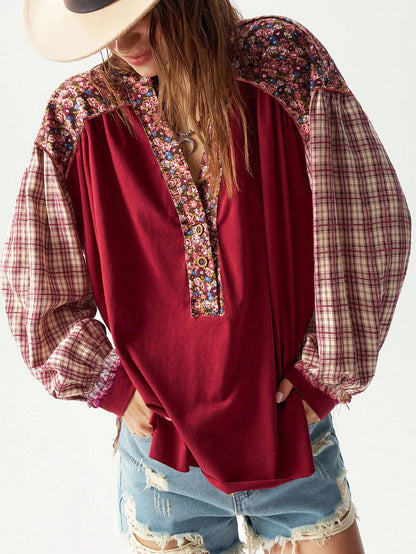 Bohemela Christmas Plus Size Vacation Casual Color Blocking Plaid & Floral Pattern Shirt,Fall Clothes For Women