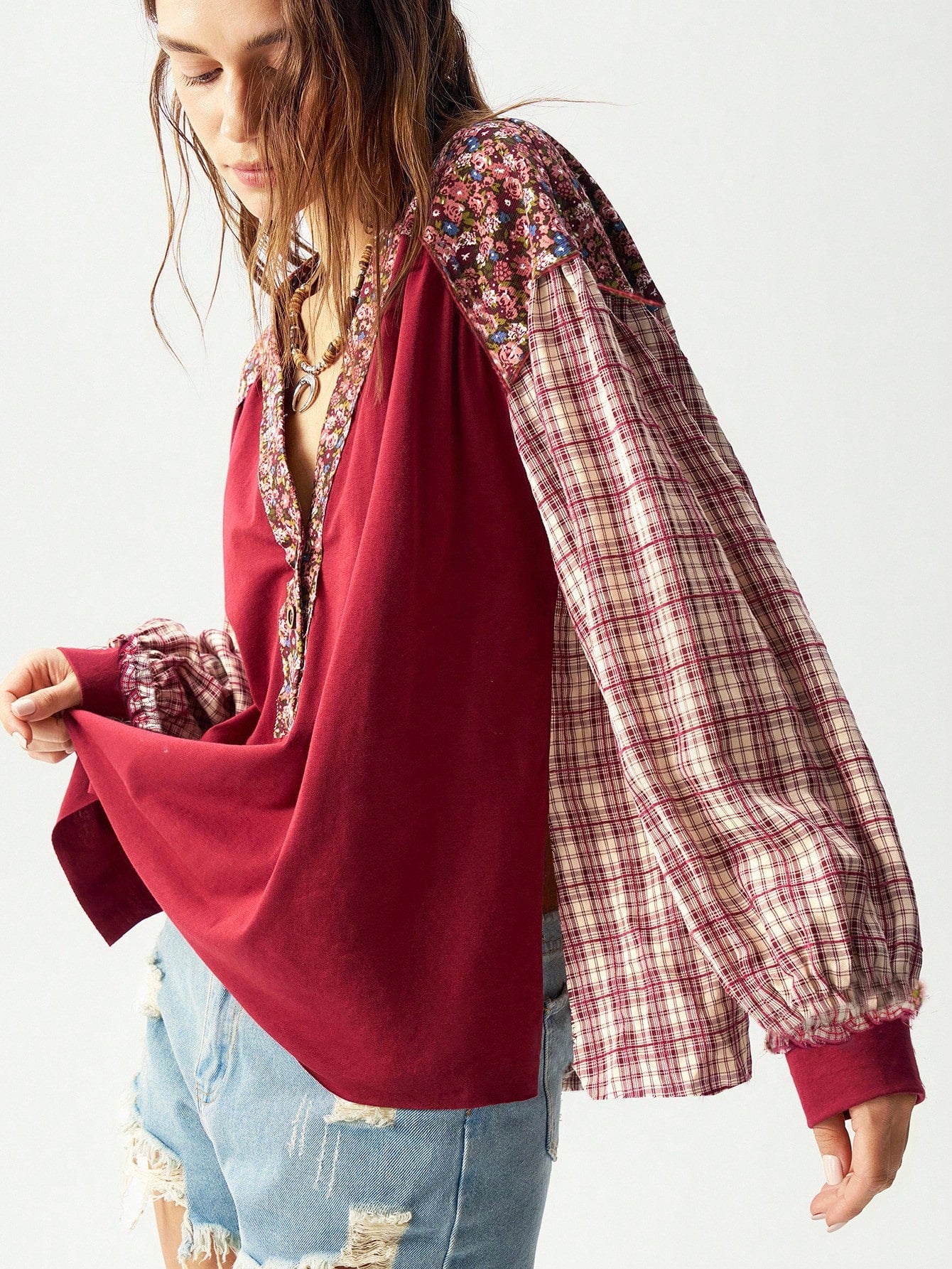 Bohemela Christmas Plus Size Vacation Casual Color Blocking Plaid & Floral Pattern Shirt,Fall Clothes For Women