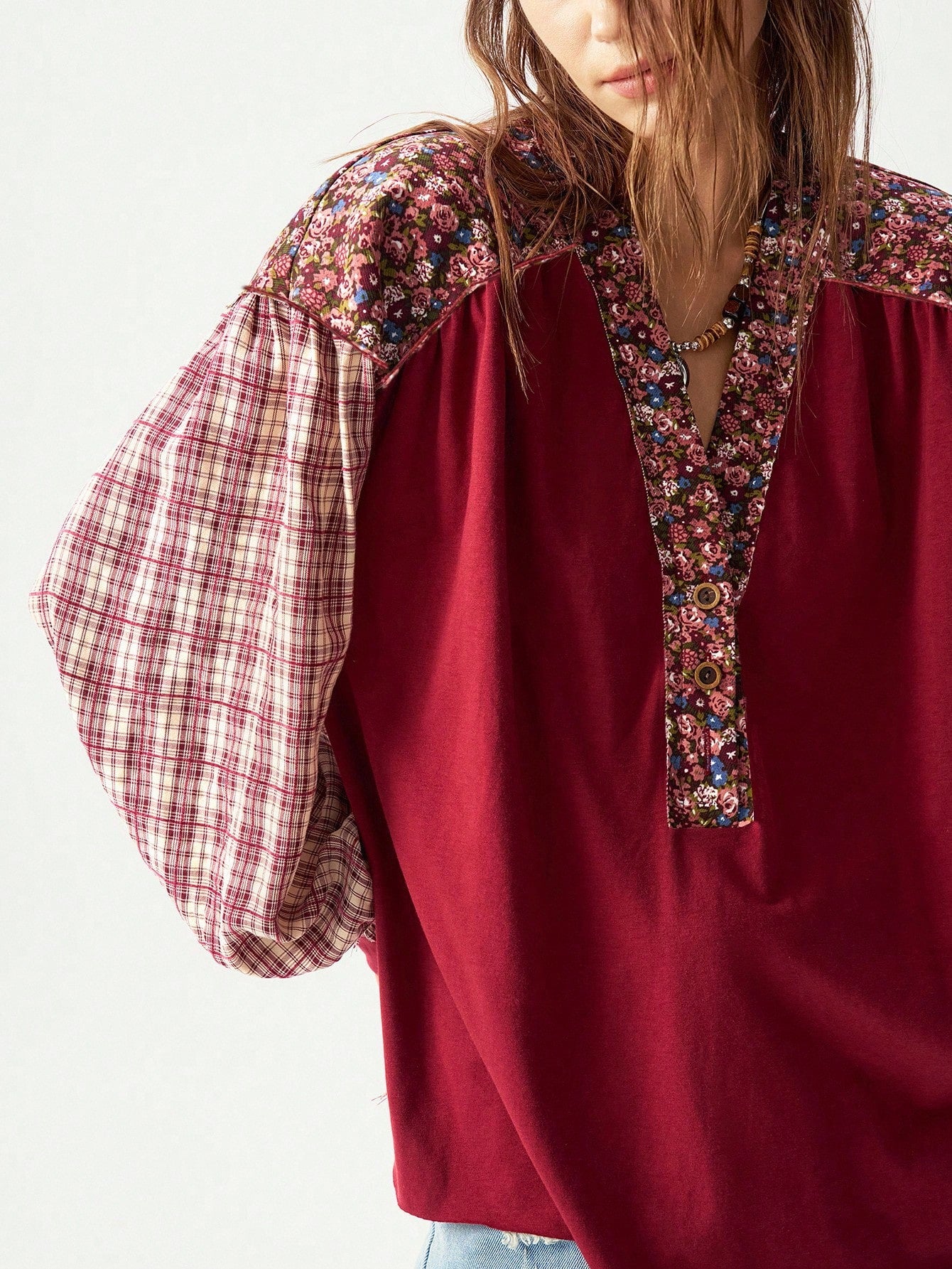 Bohemela Christmas Plus Size Vacation Casual Color Blocking Plaid & Floral Pattern Shirt,Fall Clothes For Women