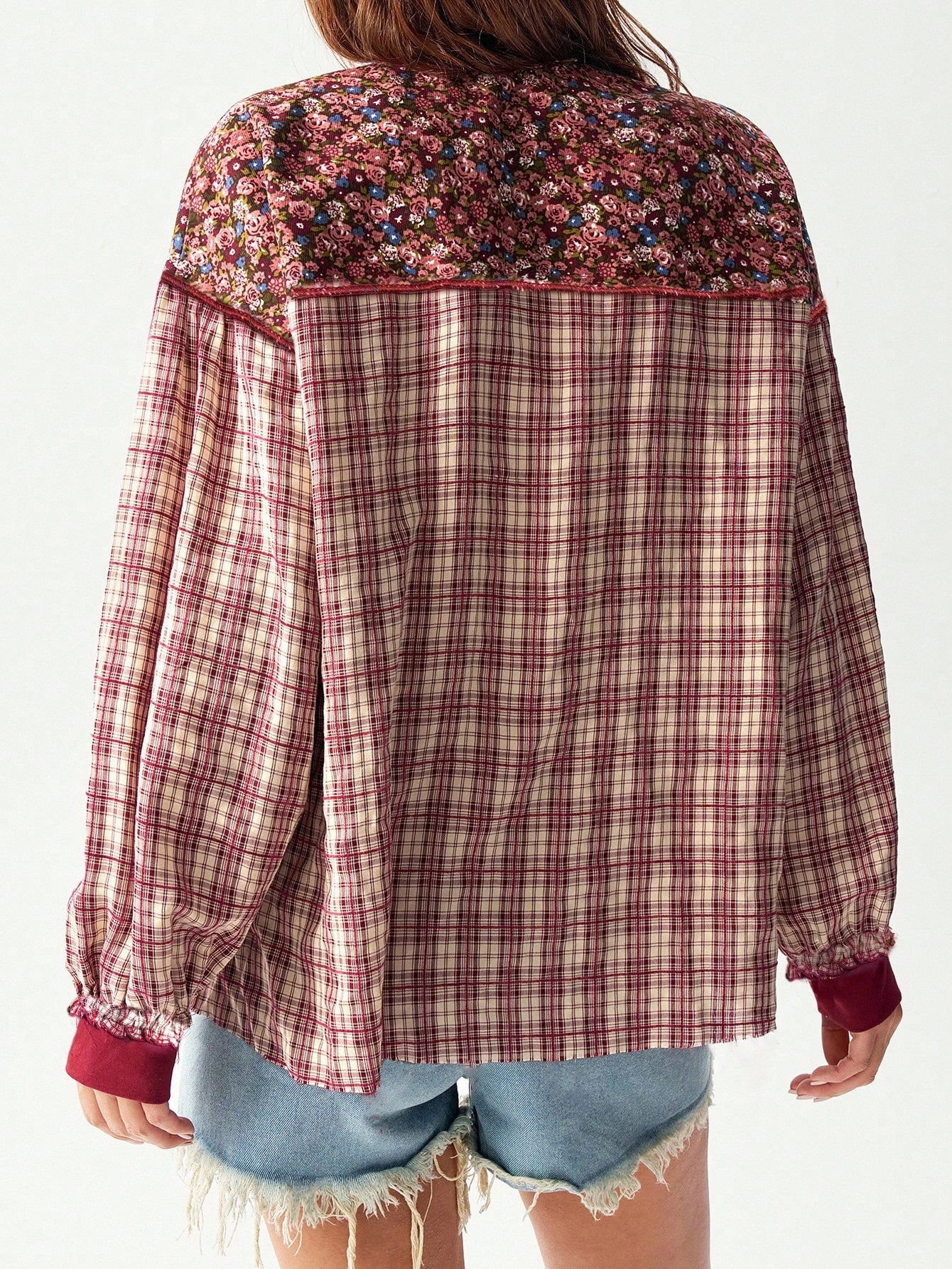 Bohemela Christmas Plus Size Vacation Casual Color Blocking Plaid & Floral Pattern Shirt,Fall Clothes For Women