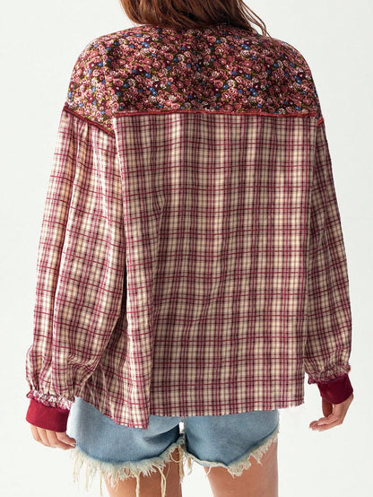 Bohemela Christmas Plus Size Vacation Casual Color Blocking Plaid & Floral Pattern Shirt,Fall Clothes For Women