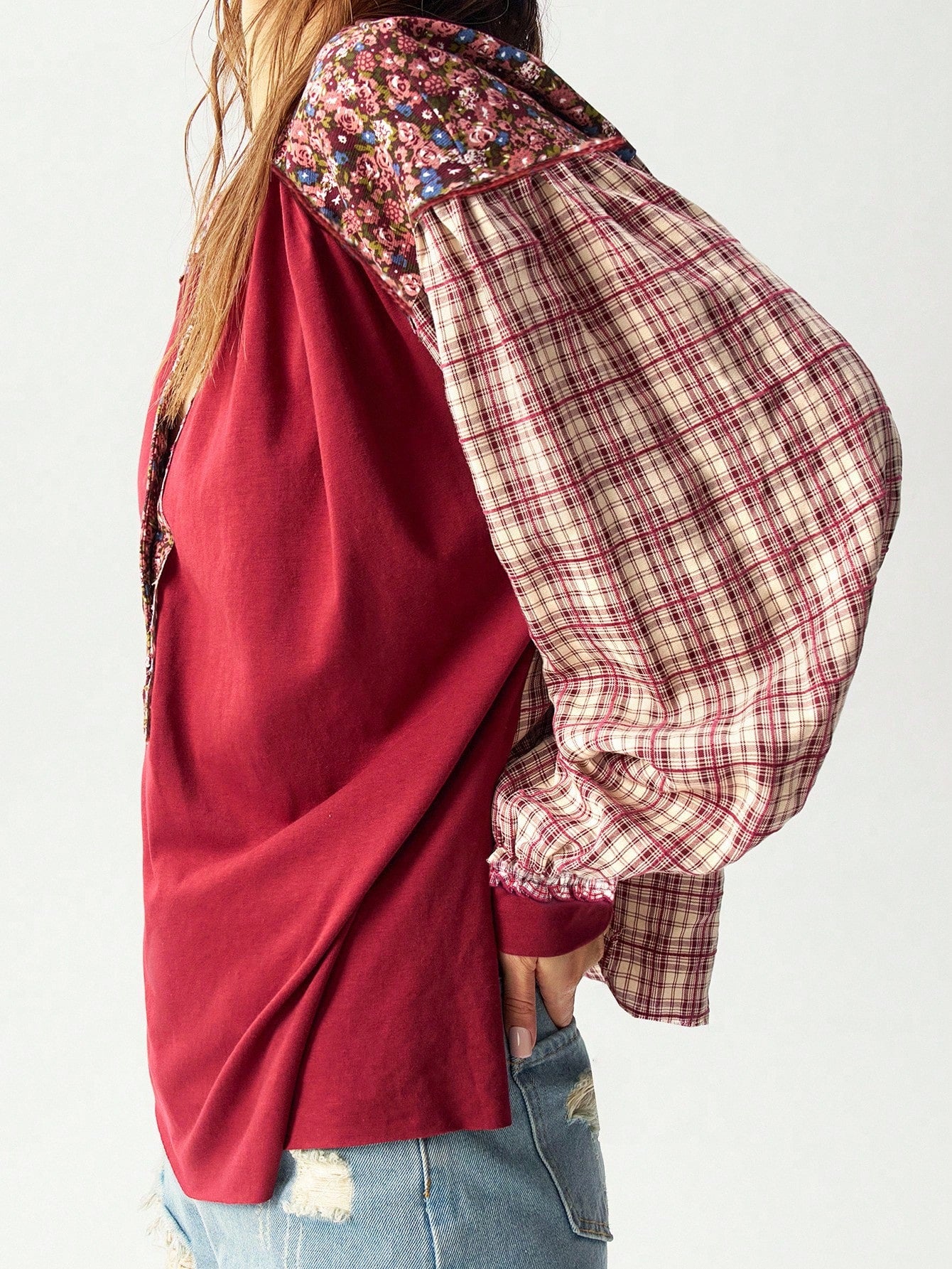 Bohemela Christmas Plus Size Vacation Casual Color Blocking Plaid & Floral Pattern Shirt,Fall Clothes For Women
