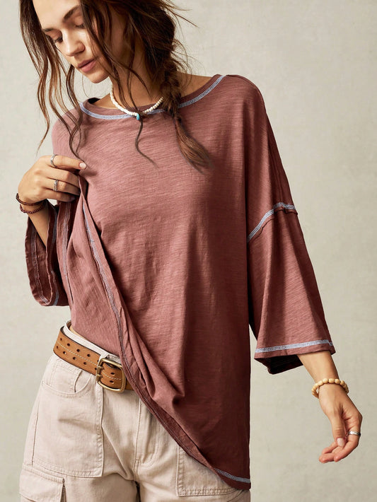 Bohemela Plain Knit Casual Round Neck Short Sleeve Plus Size Washed T-Shirt For Plus Size,Vintage Fall