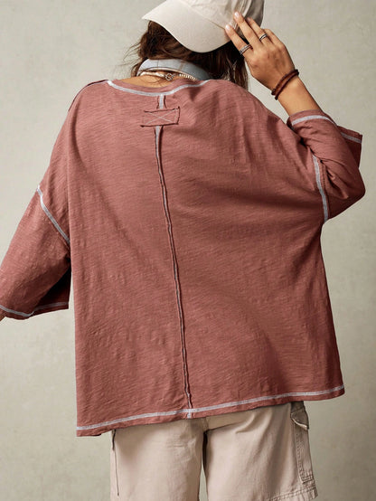 Bohemela Plain Knit Casual Round Neck Short Sleeve Plus Size Washed T-Shirt For Plus Size,Vintage Fall