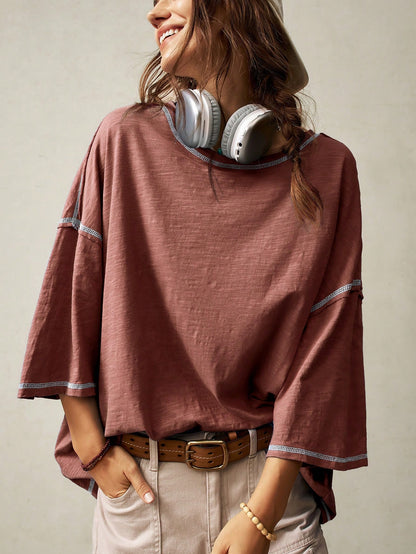 Bohemela Plain Knit Casual Round Neck Short Sleeve Plus Size Washed T-Shirt For Plus Size,Vintage Fall