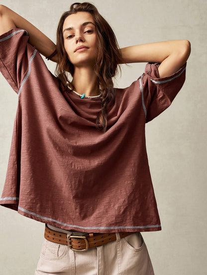 Bohemela Plain Knit Casual Round Neck Short Sleeve Plus Size Washed T-Shirt For Plus Size,Vintage Fall