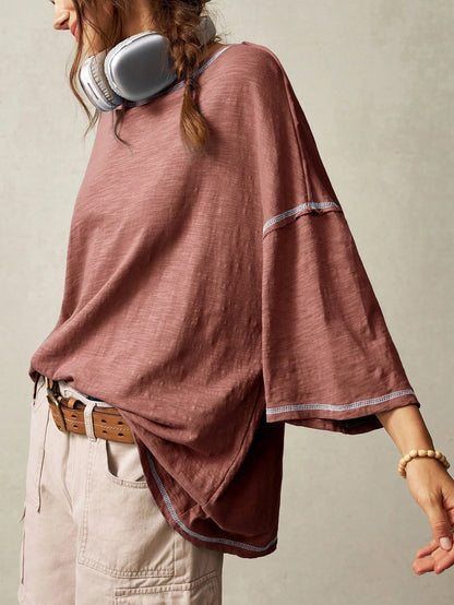 Bohemela Plain Knit Casual Round Neck Short Sleeve Plus Size Washed T-Shirt For Plus Size,Vintage Fall