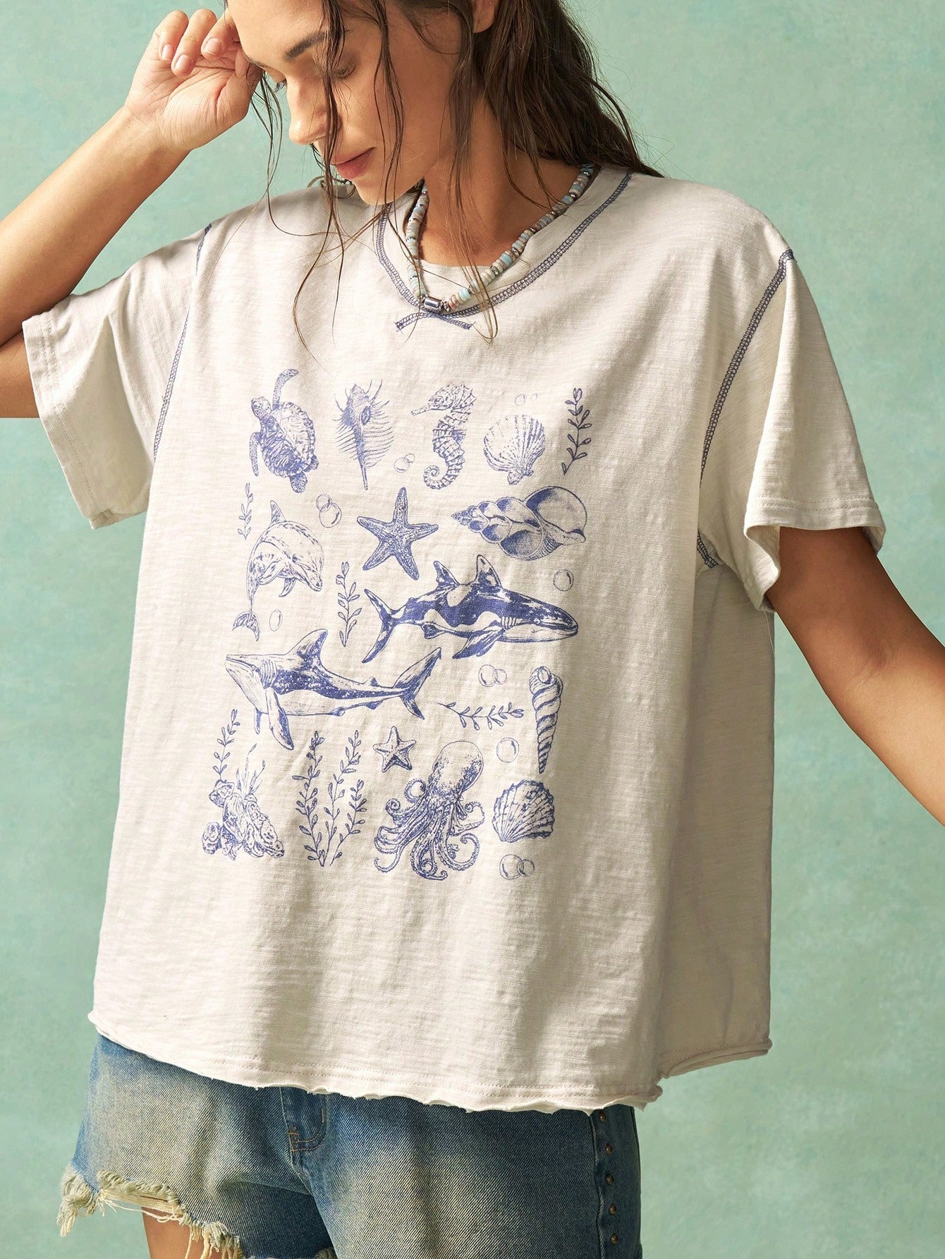 Bohemela Plus Size Casual Ocean Design Crew Neck Short Sleeve T-Shirts, Summer,Vintage