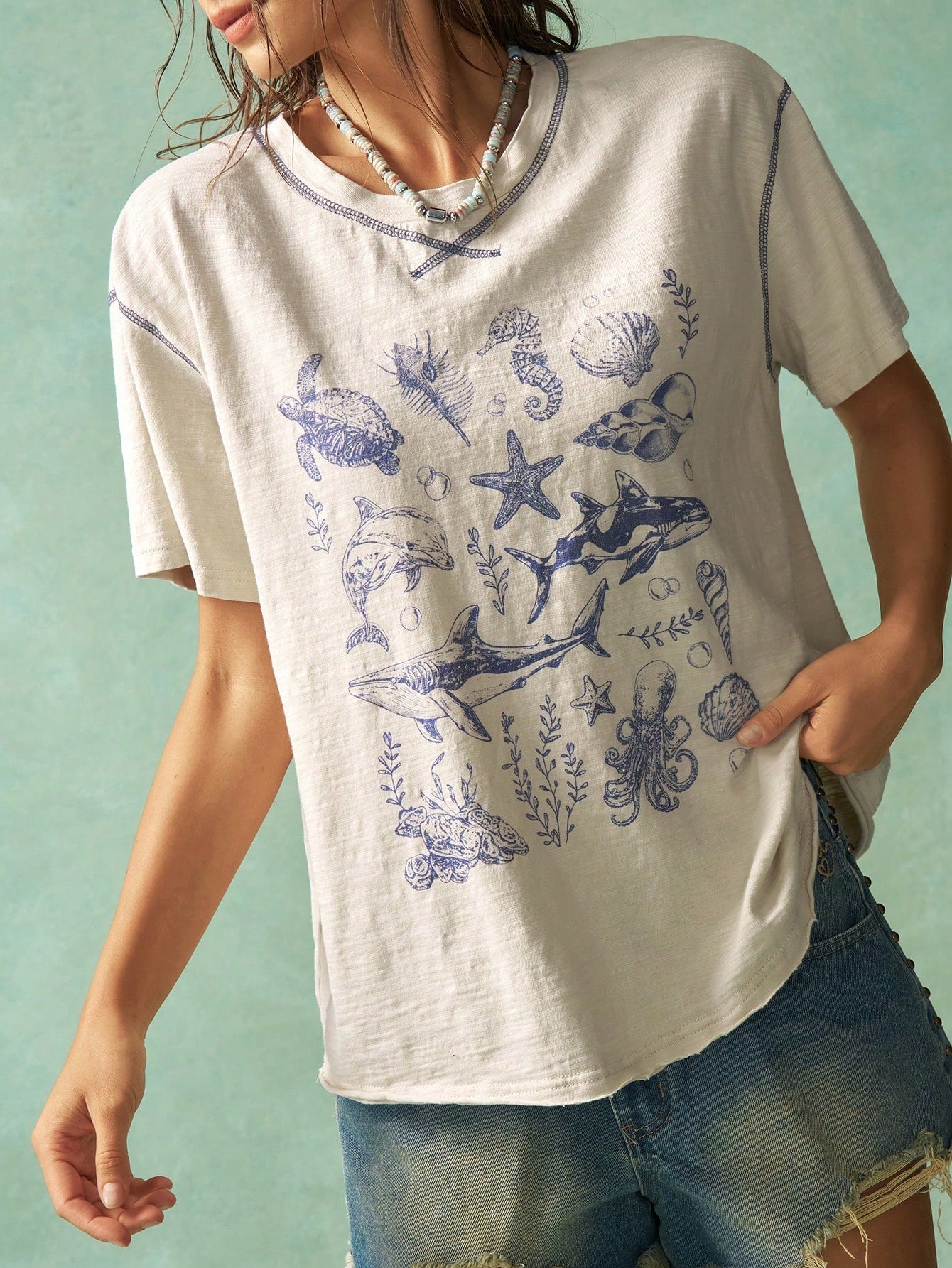 Bohemela Plus Size Casual Ocean Design Crew Neck Short Sleeve T-Shirts, Summer,Vintage