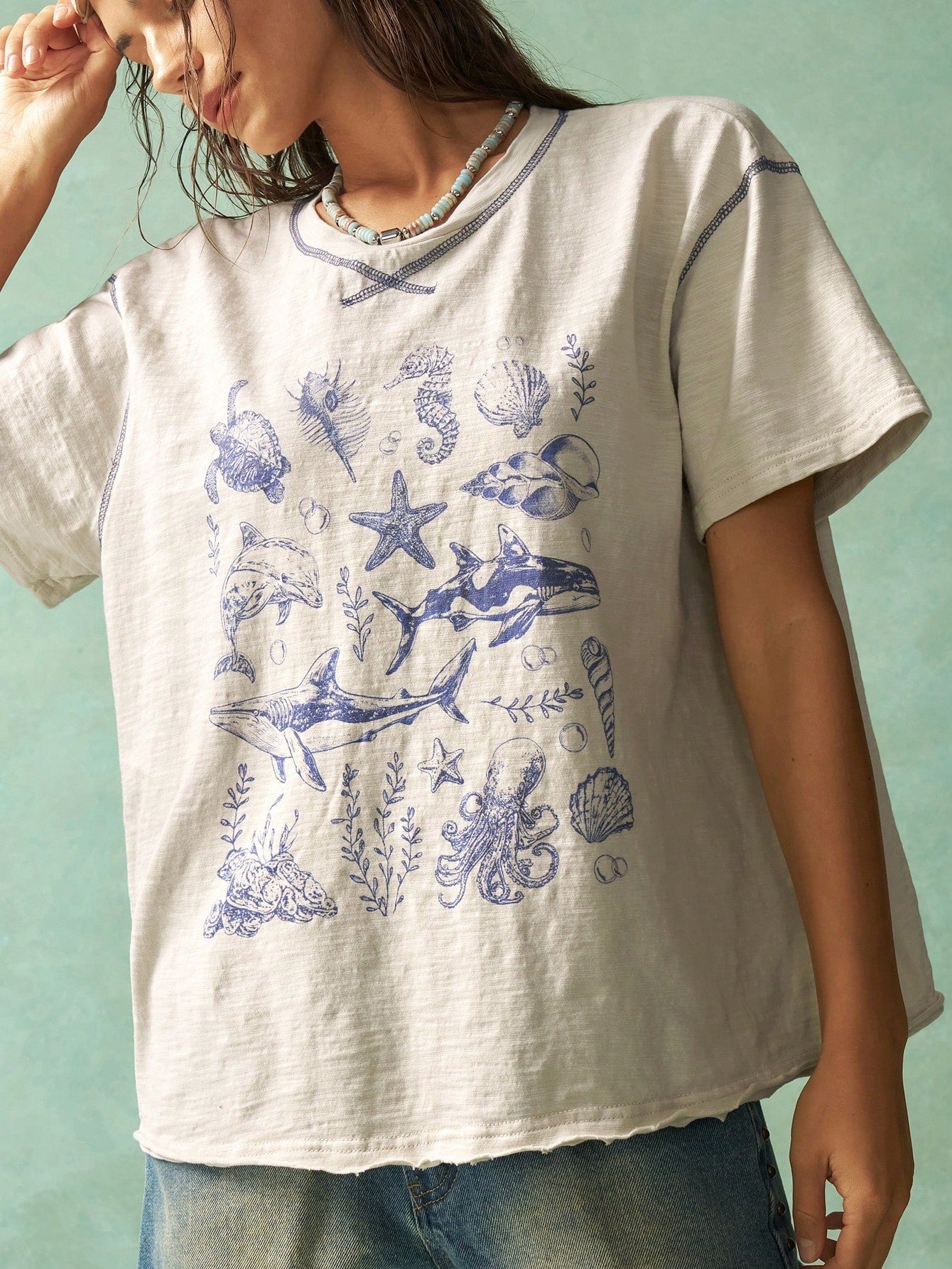 Bohemela Plus Size Casual Ocean Design Crew Neck Short Sleeve T-Shirts, Summer,Vintage