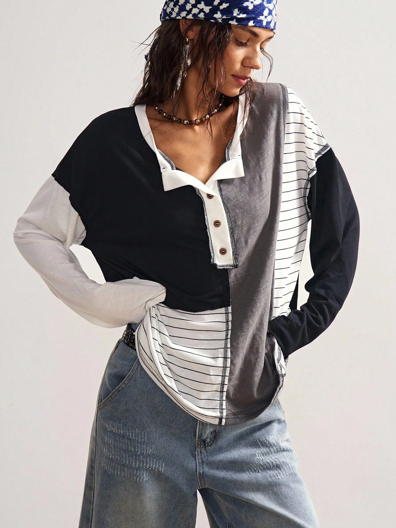 Bohemela Plus Size Casual Patchwork Striped Button-Up Long Sleeve T-Shirt, Autumn/Winter Fall