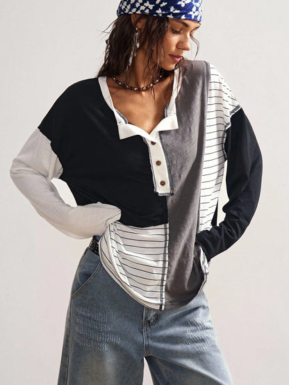 Bohemela Plus Size Casual Patchwork Striped Button-Up Long Sleeve T-Shirt, Autumn/Winter Fall