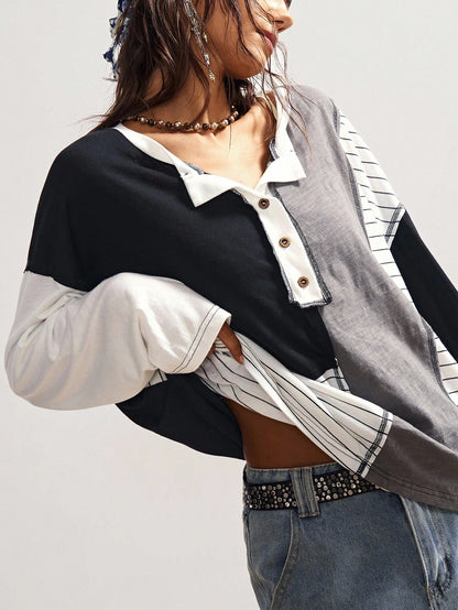 Bohemela Plus Size Casual Patchwork Striped Button-Up Long Sleeve T-Shirt, Autumn/Winter Fall