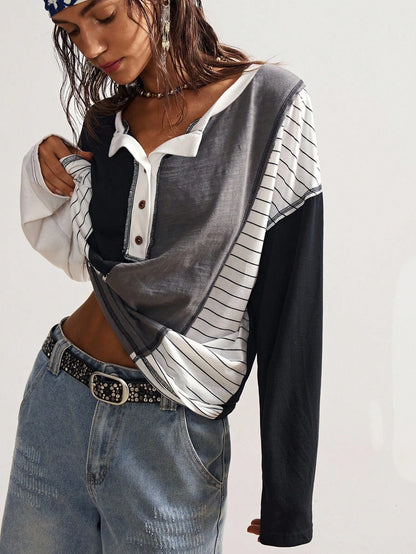 Bohemela Plus Size Casual Patchwork Striped Button-Up Long Sleeve T-Shirt, Autumn/Winter Fall