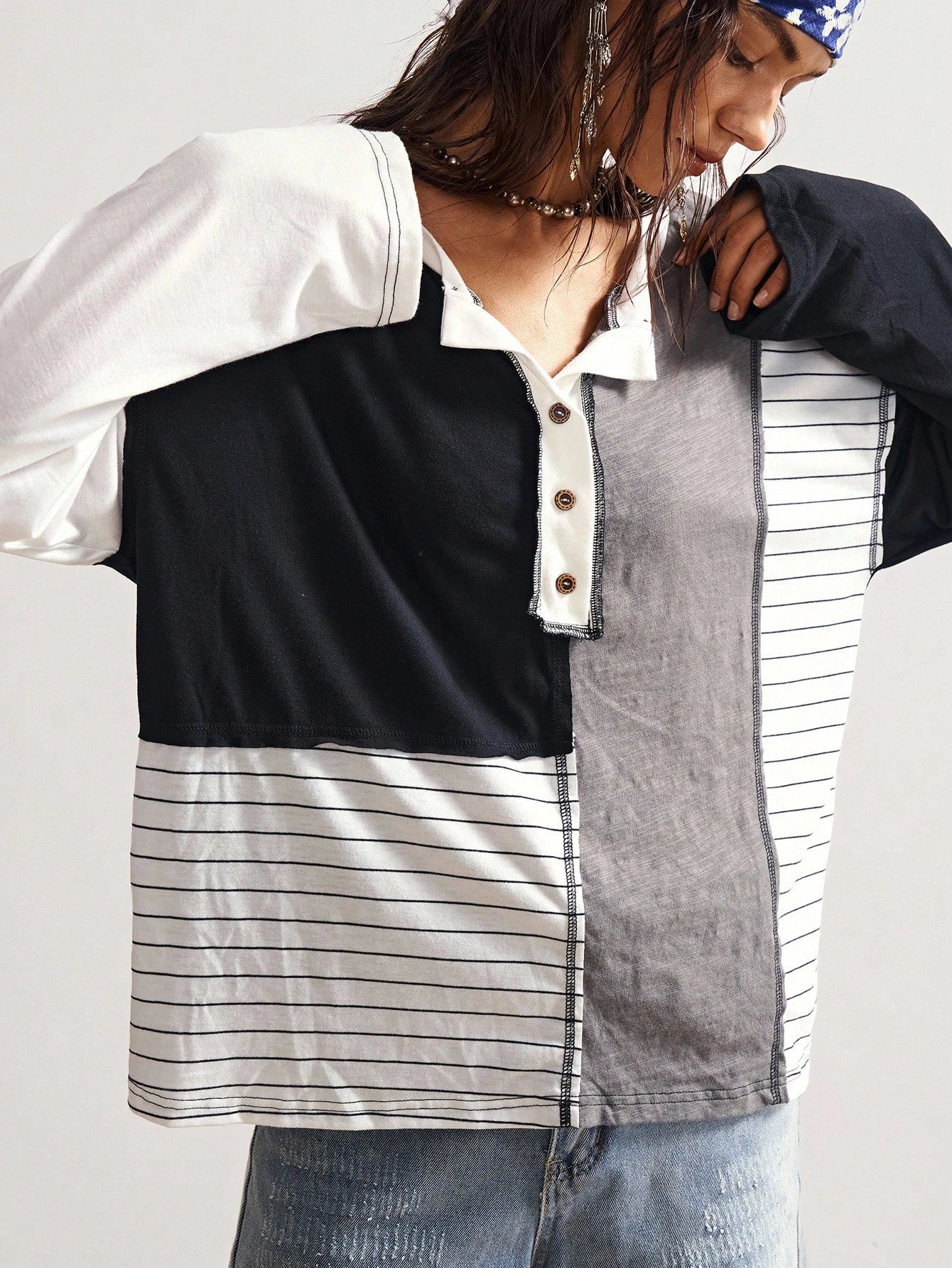 Bohemela Plus Size Casual Patchwork Striped Button-Up Long Sleeve T-Shirt, Autumn/Winter Fall
