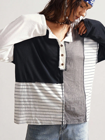 Bohemela Plus Size Casual Patchwork Striped Button-Up Long Sleeve T-Shirt, Autumn/Winter Fall