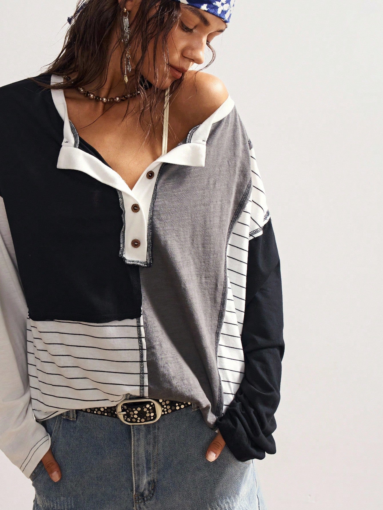 Bohemela Plus Size Casual Patchwork Striped Button-Up Long Sleeve T-Shirt, Autumn/Winter Fall