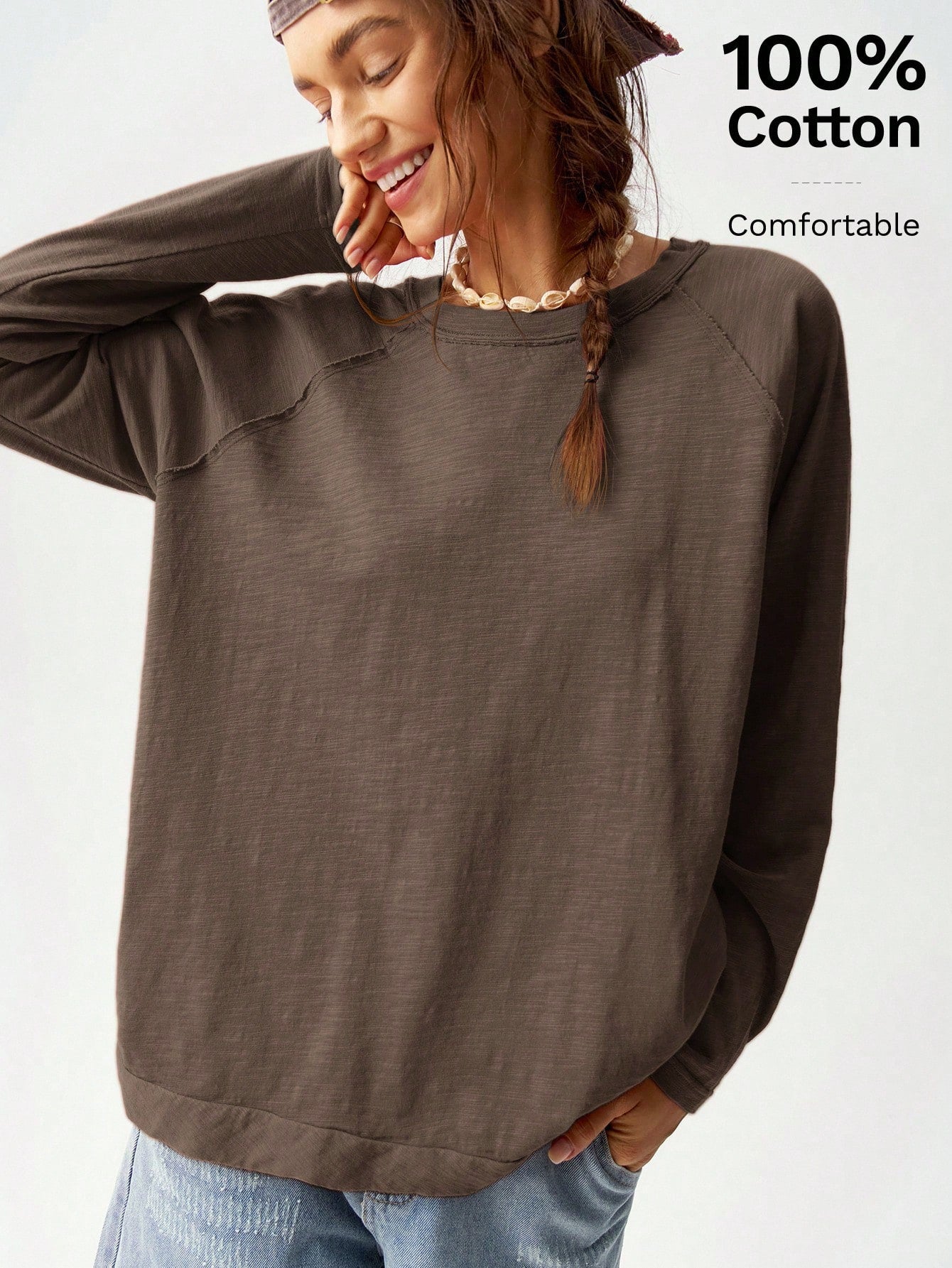 Bohemela Plus Size Casual Solid Color Round Neck Raglan Sleeve T-Shirt, Autumn/Winter Fall