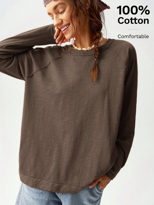 Bohemela Plus Size Casual Solid Color Round Neck Raglan Sleeve T-Shirt, Autumn/Winter Fall
