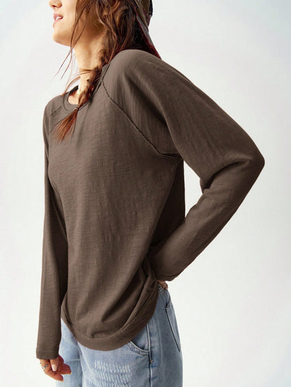 Bohemela Plus Size Casual Solid Color Round Neck Raglan Sleeve T-Shirt, Autumn/Winter Fall