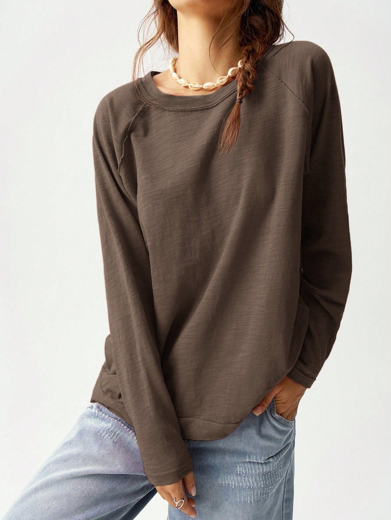 Bohemela Plus Size Casual Solid Color Round Neck Raglan Sleeve T-Shirt, Autumn/Winter Fall