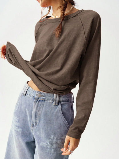 Bohemela Plus Size Casual Solid Color Round Neck Raglan Sleeve T-Shirt, Autumn/Winter Fall