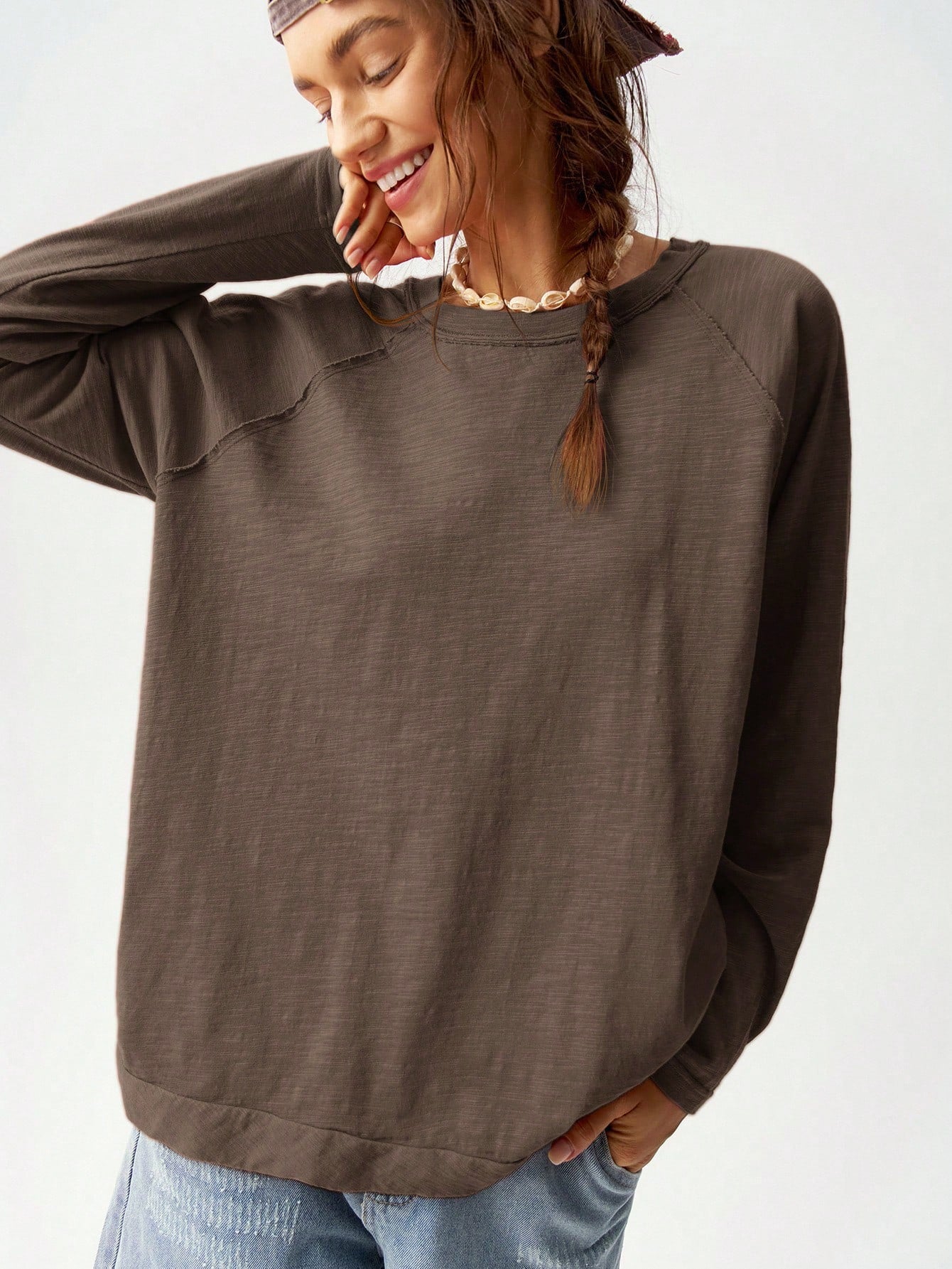Bohemela Plus Size Casual Solid Color Round Neck Raglan Sleeve T-Shirt, Autumn/Winter Fall