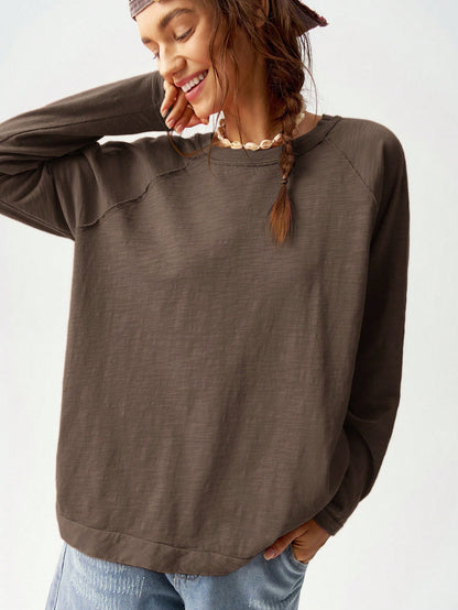 Bohemela Plus Size Casual Solid Color Round Neck Raglan Sleeve T-Shirt, Autumn/Winter Fall