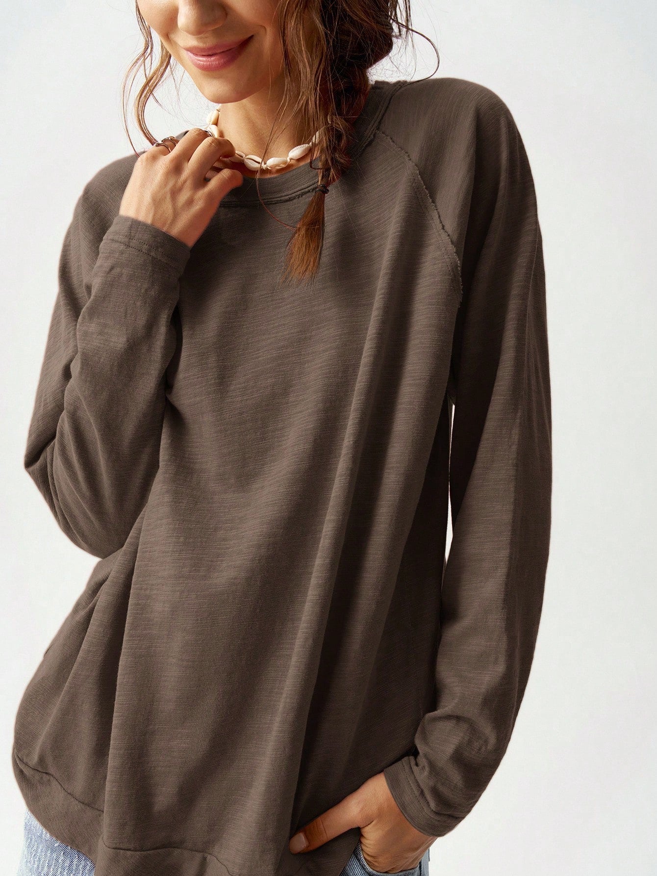 Bohemela Plus Size Casual Solid Color Round Neck Raglan Sleeve T-Shirt, Autumn/Winter Fall