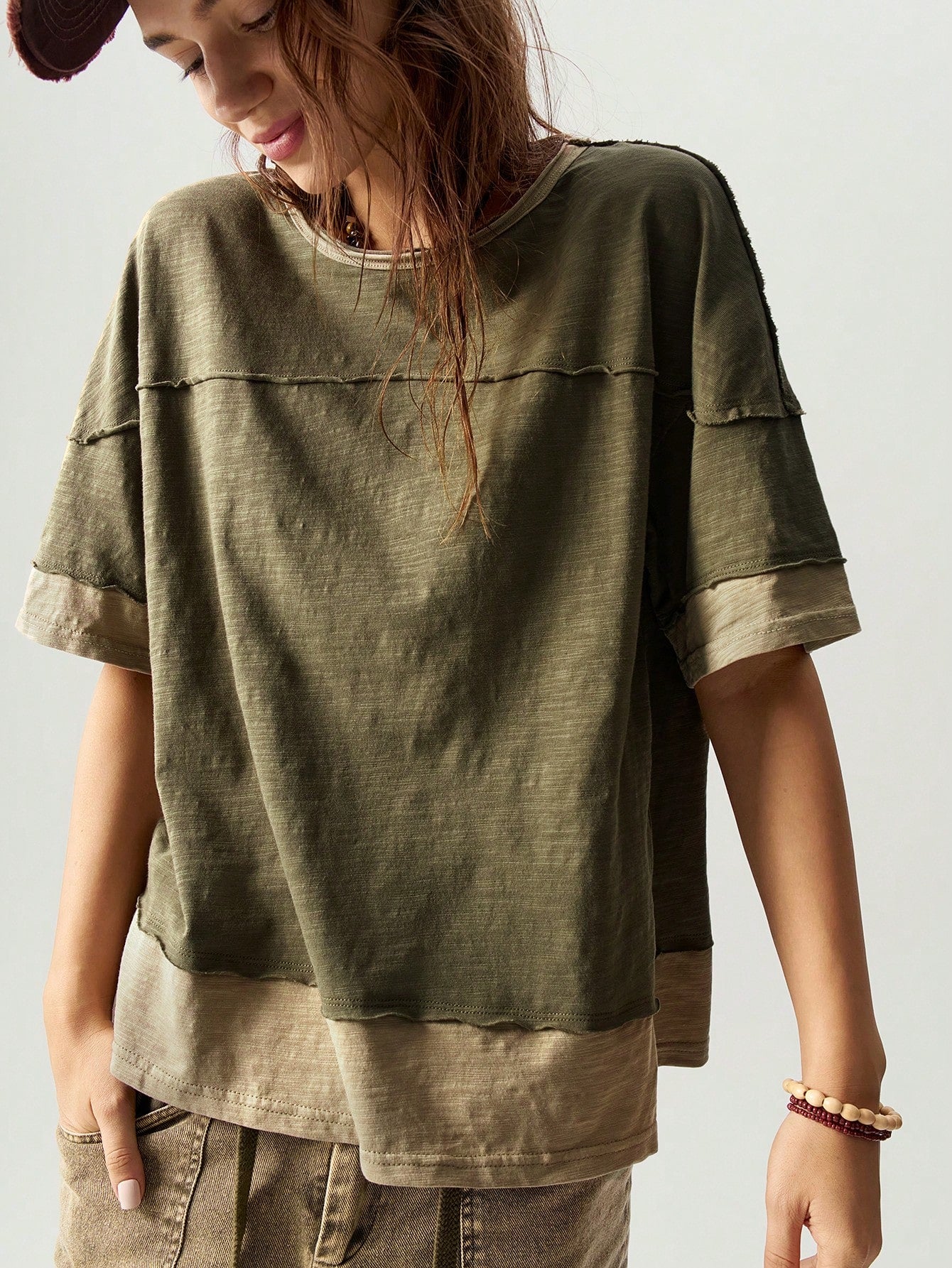 Bohemela Plus Size Colorblock Loose Fit Round Neck Short Sleeve T-Shirt, Suitable For Summer,Vintage,Vintage
