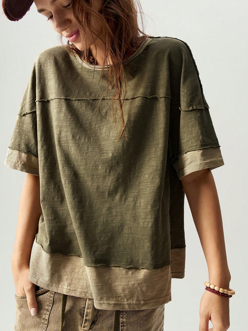 Bohemela Plus Size Colorblock Loose Fit Round Neck Short Sleeve T-Shirt, Suitable For Summer,Vintage,Vintage