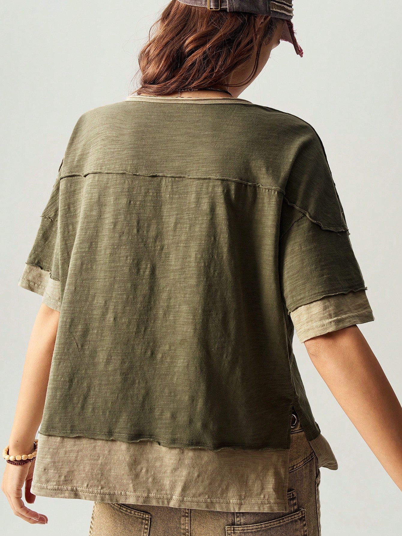 Bohemela Plus Size Colorblock Loose Fit Round Neck Short Sleeve T-Shirt, Suitable For Summer,Vintage,Vintage