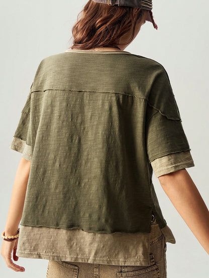Bohemela Plus Size Colorblock Loose Fit Round Neck Short Sleeve T-Shirt, Suitable For Summer,Vintage,Vintage