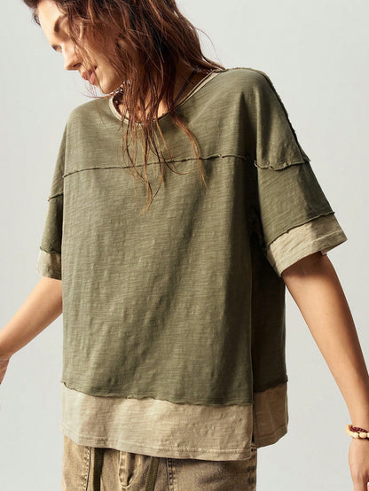Bohemela Plus Size Colorblock Loose Fit Round Neck Short Sleeve T-Shirt, Suitable For Summer,Vintage,Vintage