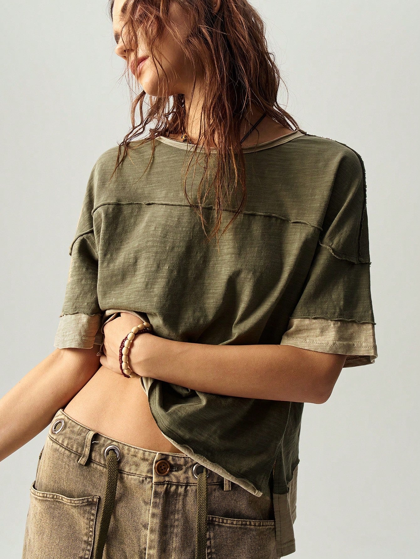 Bohemela Plus Size Colorblock Loose Fit Round Neck Short Sleeve T-Shirt, Suitable For Summer,Vintage,Vintage