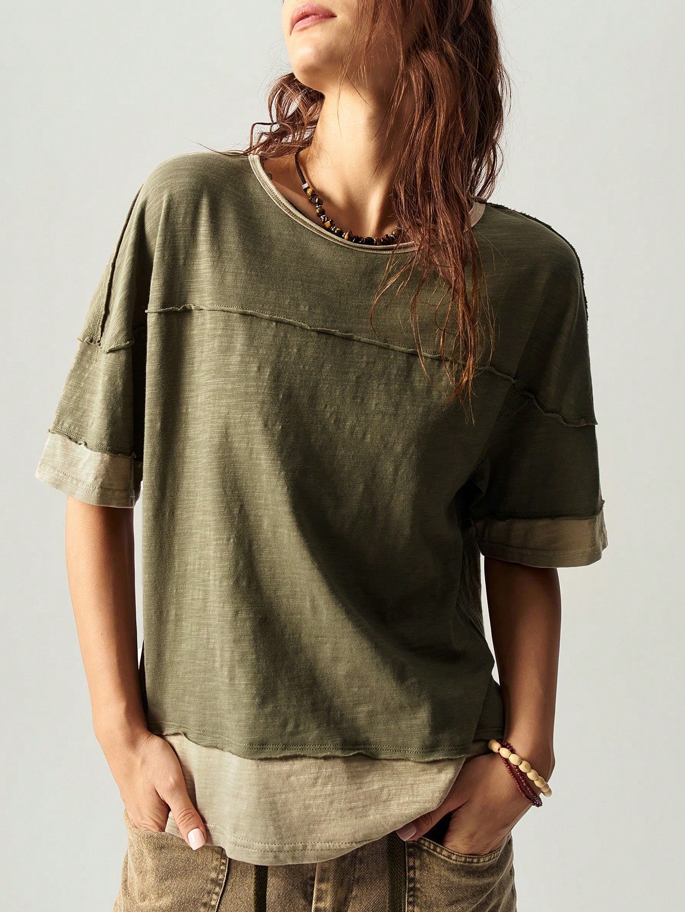 Bohemela Plus Size Colorblock Loose Fit Round Neck Short Sleeve T-Shirt, Suitable For Summer,Vintage,Vintage