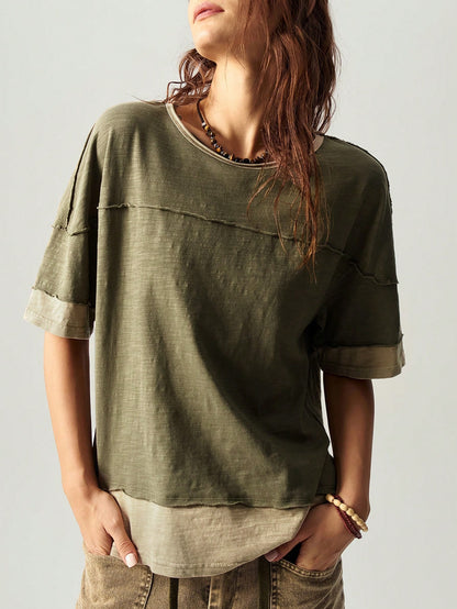 Bohemela Plus Size Colorblock Loose Fit Round Neck Short Sleeve T-Shirt, Suitable For Summer,Vintage,Vintage