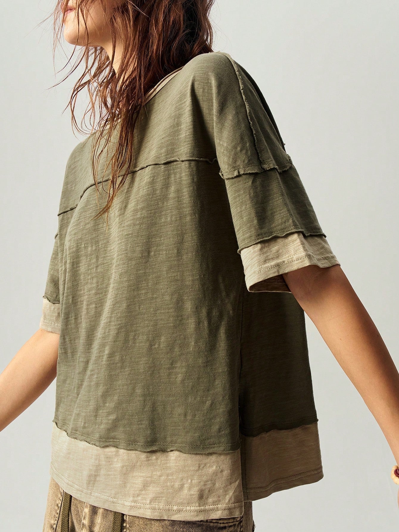 Bohemela Plus Size Colorblock Loose Fit Round Neck Short Sleeve T-Shirt, Suitable For Summer,Vintage,Vintage