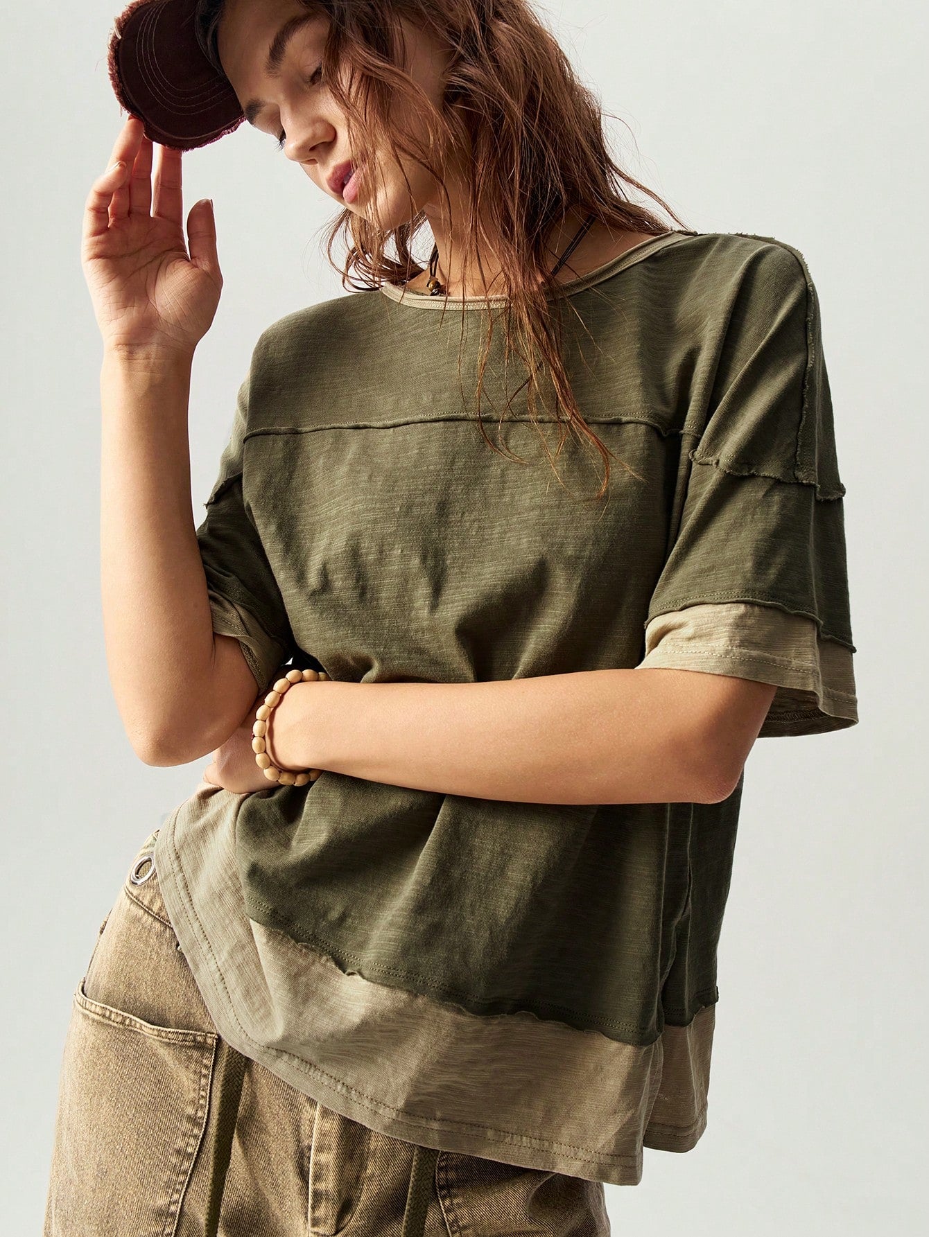 Bohemela Plus Size Colorblock Loose Fit Round Neck Short Sleeve T-Shirt, Suitable For Summer,Vintage,Vintage