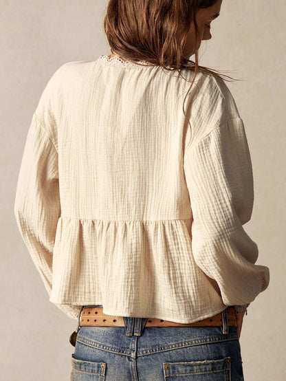 Bohemela Plus Size Deep V-Neck Crochet Hollow Out Placket Design Shirt Autumn Vacation Wedding Guest Evening White Elegant Curve Traditional