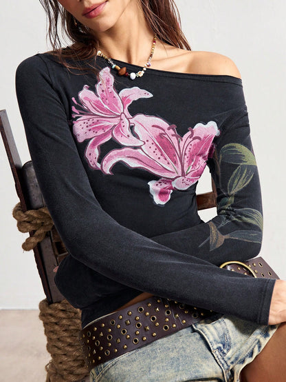Bohemela Plus Size Floral Print Asymmetrical Shoulder Long Sleeve Casual Fitted Short T-Shirt Fall