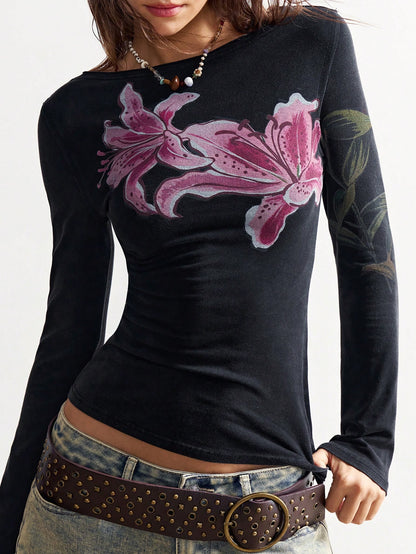 Bohemela Plus Size Floral Print Asymmetrical Shoulder Long Sleeve Casual Fitted Short T-Shirt Fall