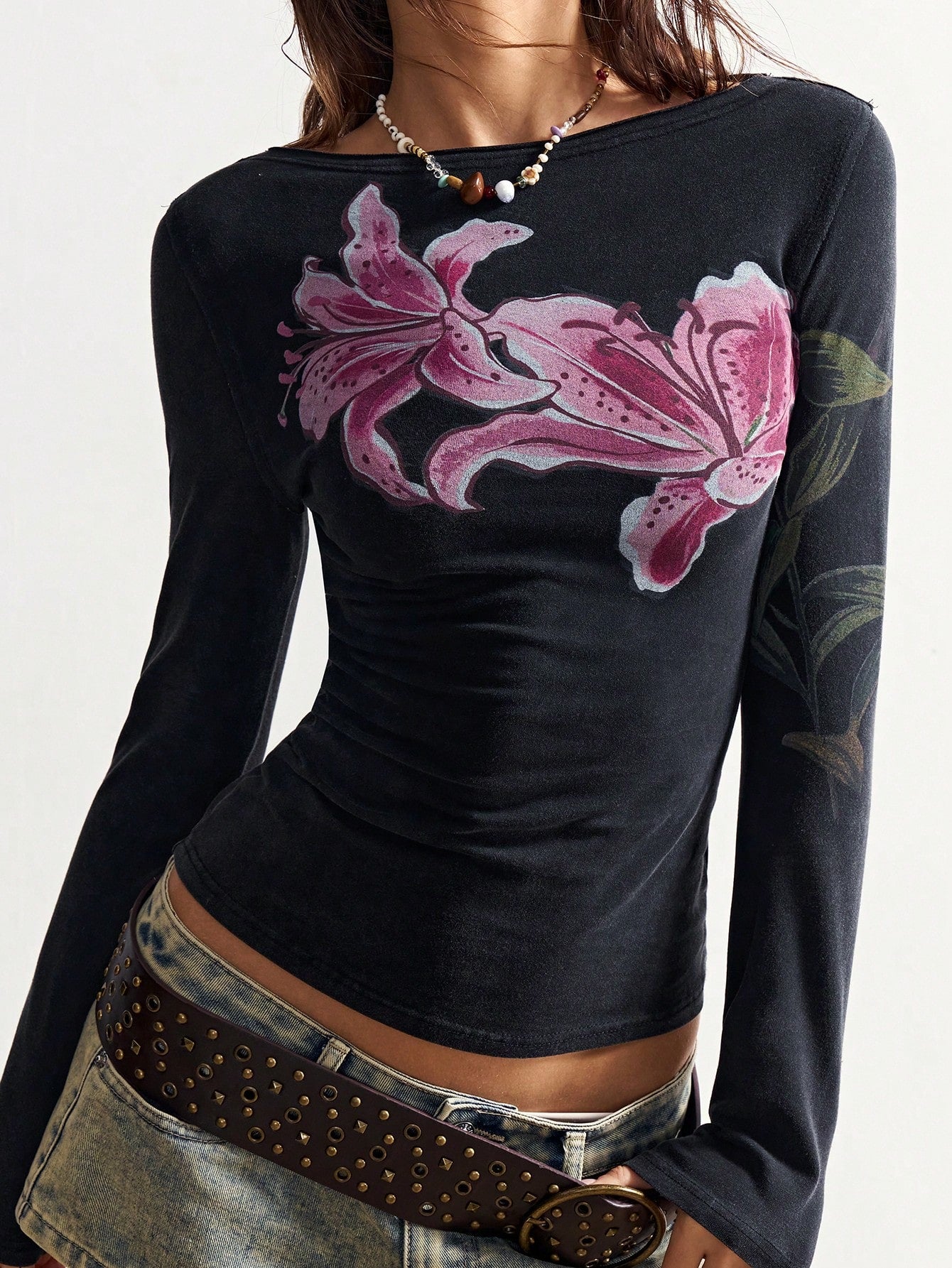 Bohemela Plus Size Floral Print Asymmetrical Shoulder Long Sleeve Casual Fitted Short T-Shirt Fall