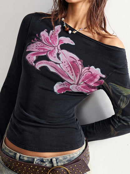 Bohemela Plus Size Floral Print Asymmetrical Shoulder Long Sleeve Casual Fitted Short T-Shirt Fall