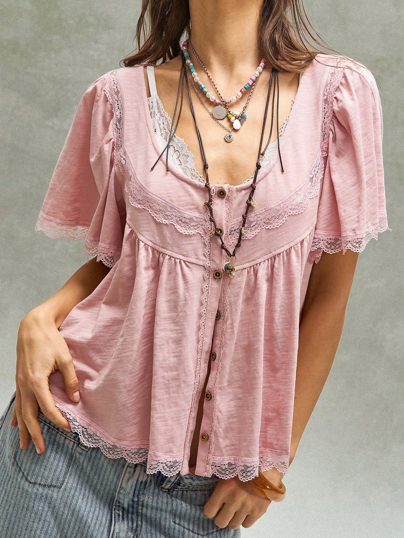 Bohemela Plus Size Romantic Boho Sweet Lace Patchwork Button Pleated T-Shirt Vacation Dusty Pink Summer