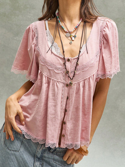 Bohemela Plus Size Romantic Boho Sweet Lace Patchwork Button Pleated T-Shirt Vacation Dusty Pink Summer