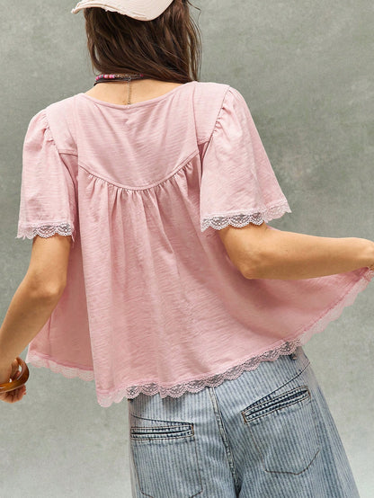 Bohemela Plus Size Romantic Boho Sweet Lace Patchwork Button Pleated T-Shirt Vacation Dusty Pink Summer