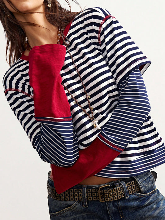 Bohemela Plus Size Striped Patchwork 2 In 1 T-Shirt Fall